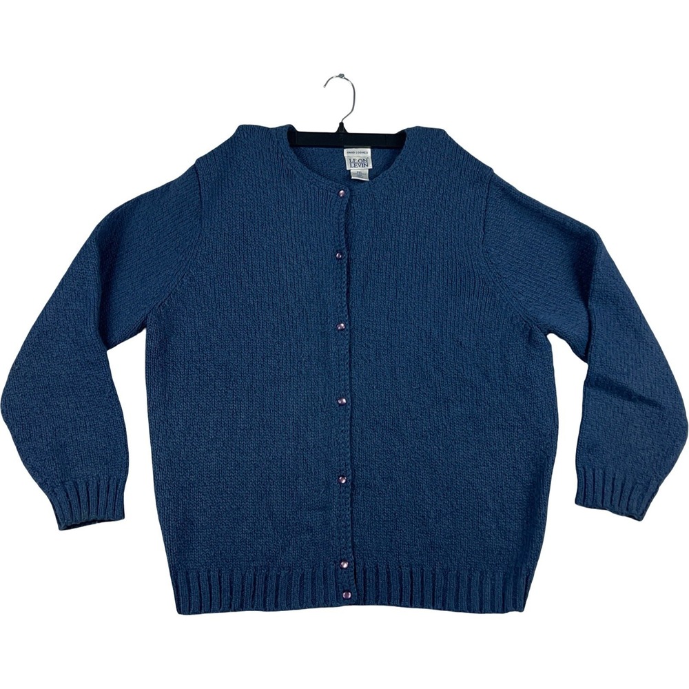 Leon Levin Cardigan‎ Sweater Womens PXL Blue Hand Loomed Button Front Acrylic